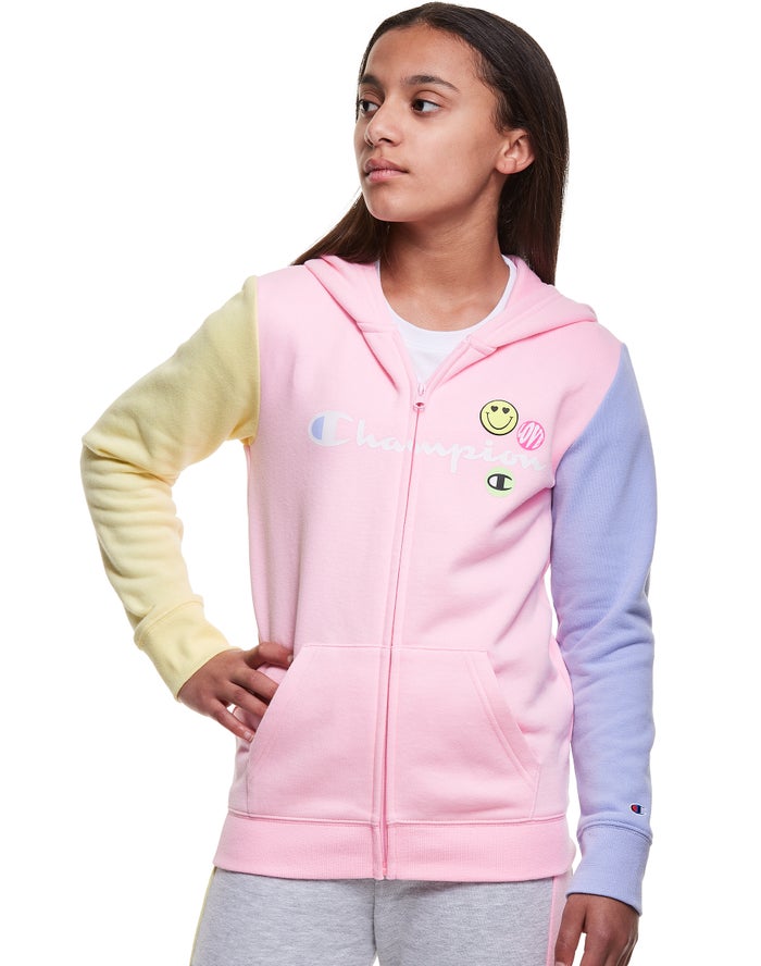 Champion Hoodie Meisjes - Roze/Blauw/Geel - Colorblock Fleece Full Zip Smiley Face ( 317860-GHT )